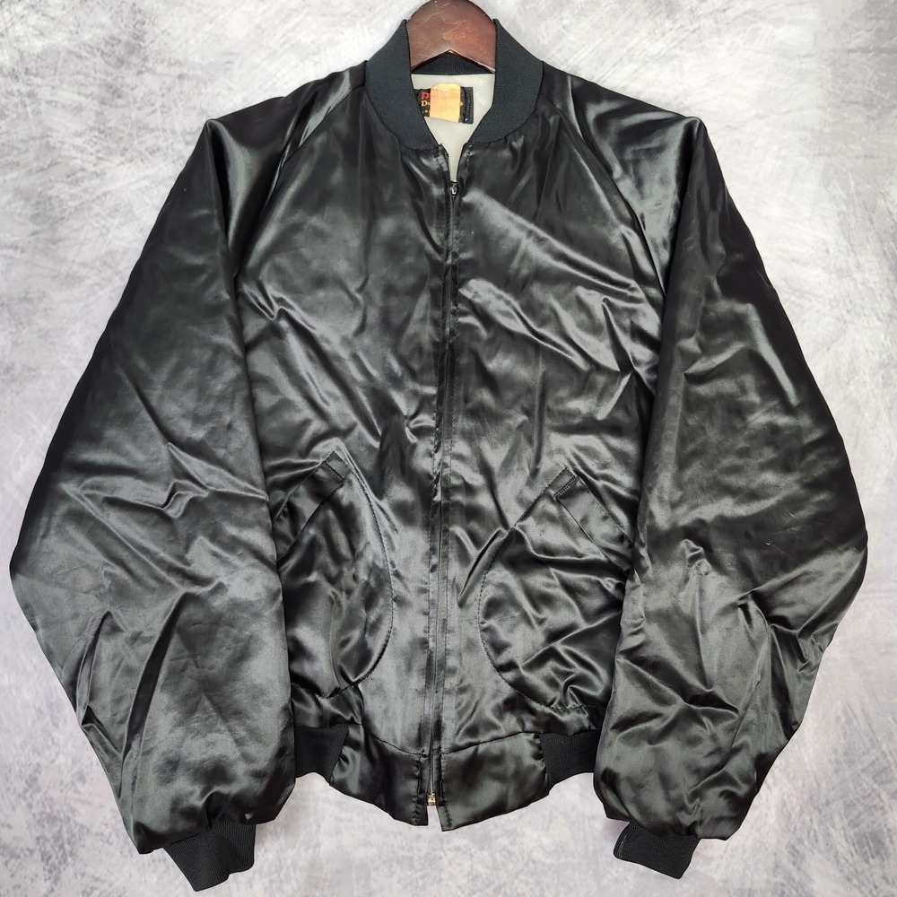 Pla-Jac Bomber Jacket Nylon Black Vintage 80s Satin Varsity Medium